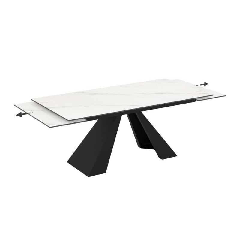 Tavolo allungabile piano in ceramica effetto marmo bianco e gambe in metallo nero 180x90x77H Monza