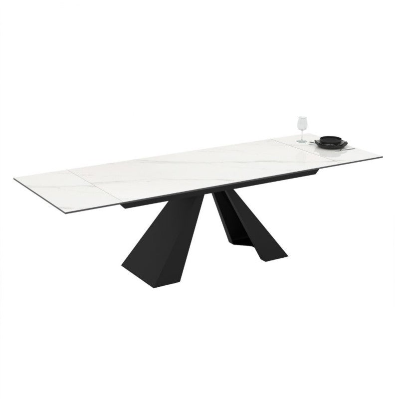 Tavolo allungabile piano in ceramica effetto marmo bianco e gambe in metallo nero 180x90x77H Monza