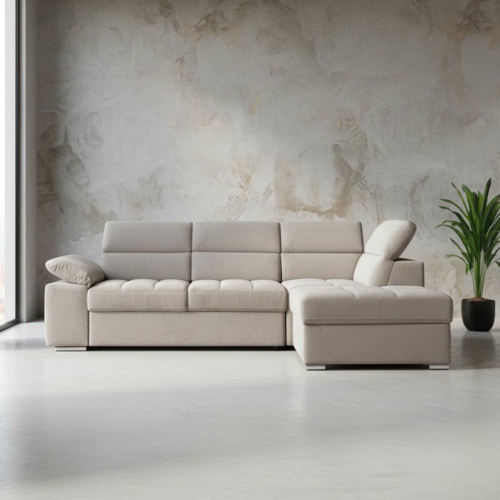 Divano letto angolare reversibile con pouf contenitore tortora Capri