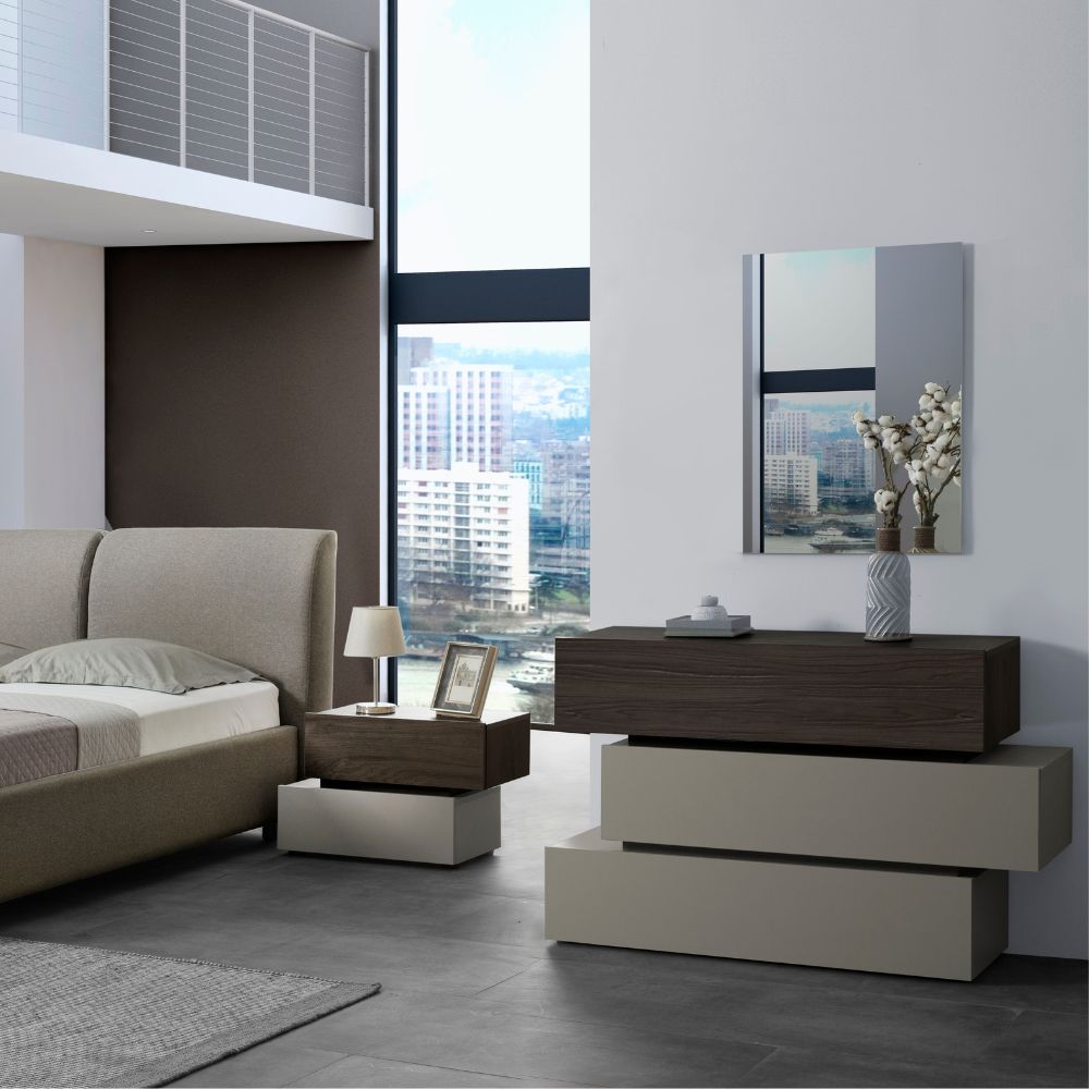 Camera da letto con armadio 2 ante scorrevoli specchi e letto contenitore colore tortora e noce - Kendra