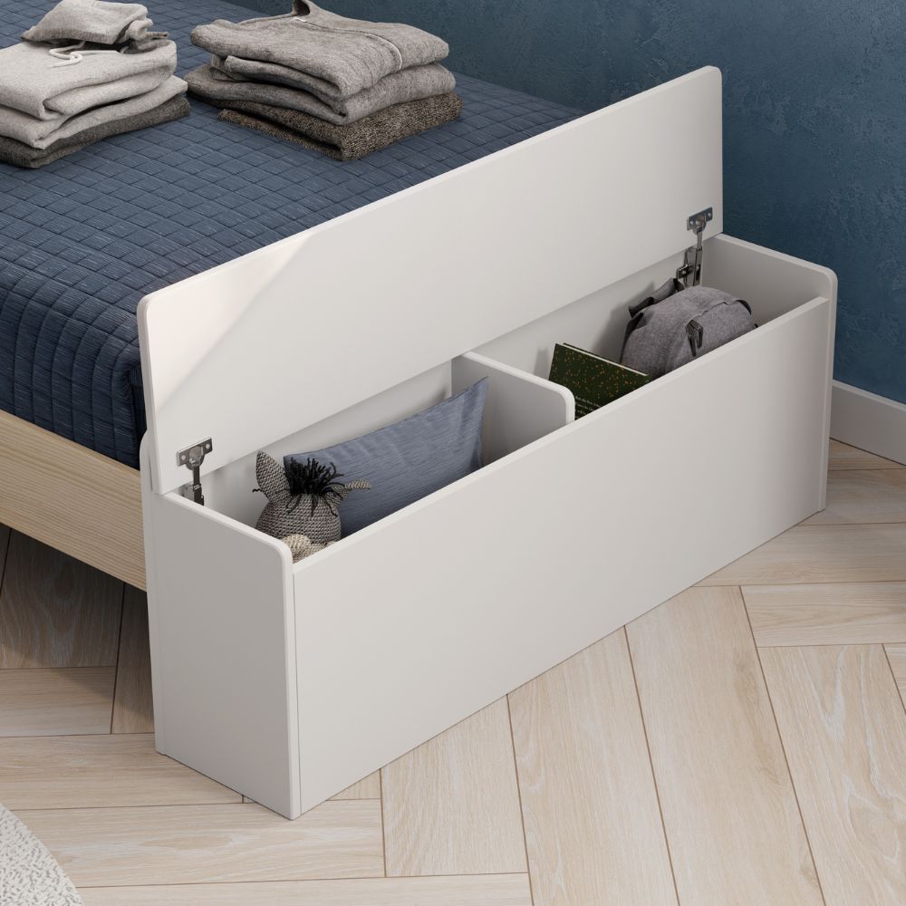 Einzelbett aus Holz mit Haus-Kopfteil und Stauraum-Fußteil in Weiß - Odessa