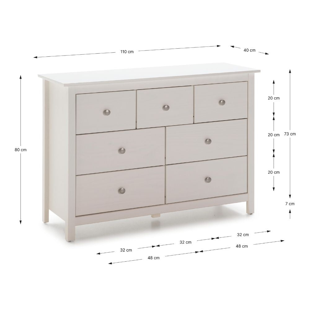Commode 4 grands tiroirs et 3 petits tiroirs en bois massif coloris blanc Berne 110x40x80H