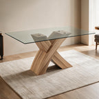 Tavolo fisso con piano in vetro e gambe incrociate effetto legno 150x90x76H Duncan