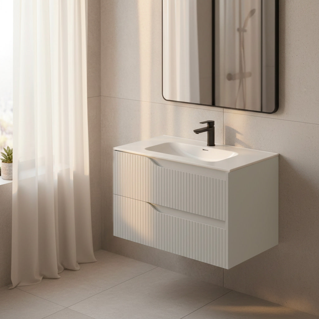 Hängender Badschrank matt Kaschmirfarben mit geriffelter Schubladenfront 80x45x50H cm - Gaper