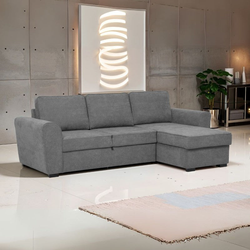 Divano letto penisola reversibile con contenitore in tessuto grigio 251.5x159.5x86H Aston