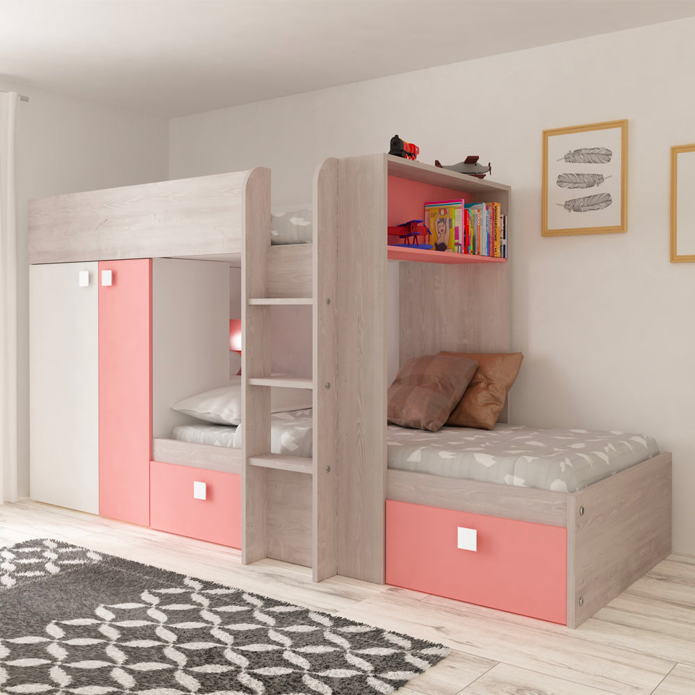 Letto a castello Bunky per due bambini con cassetti e armadio colore bianco consumato e rosa flamingo