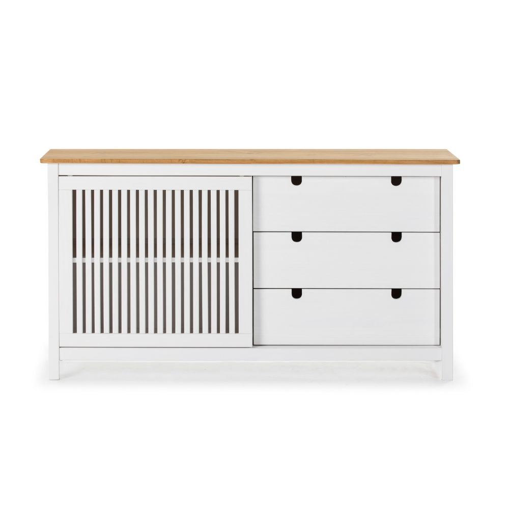 Credenza in legno massiccio con anta scorrevole e 3 cassetti colore bianco e pino 150x40x80H cm - Gaia