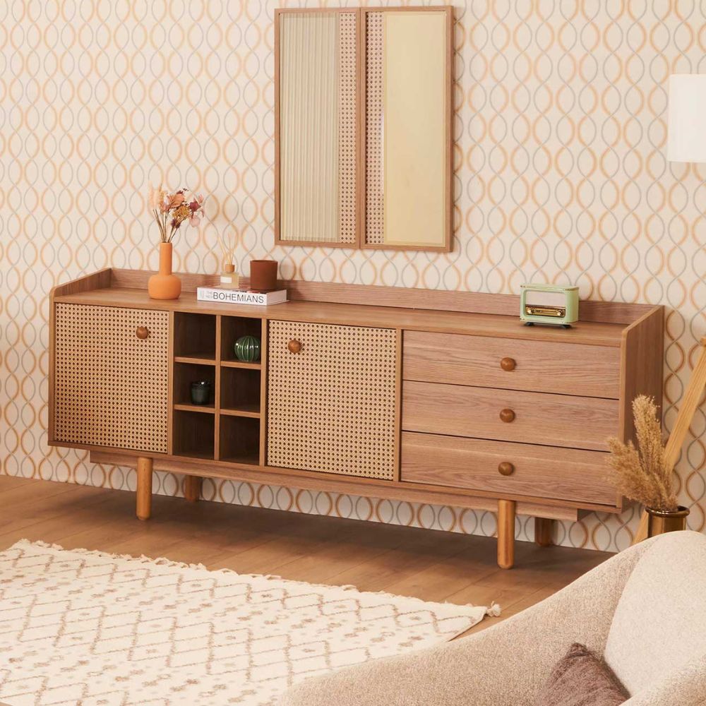 Madia 2 ante effetto vimini con cassetti e vani a giorno finitura rovere miele 206x86H cm - Natura