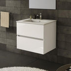 Meuble de salle de bain suspendu 60 cm couleur blanc avec tiroirs et lavabo inclus - Rondel