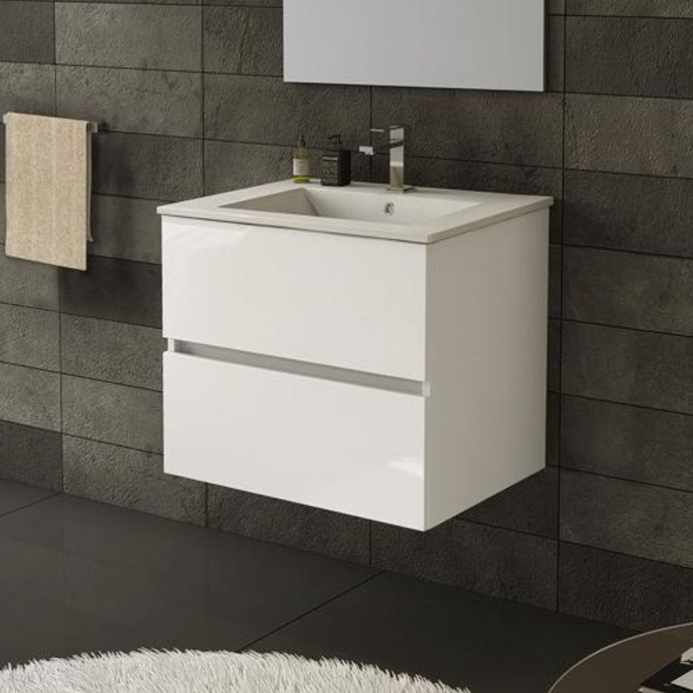Meuble de salle de bain suspendu 60 cm couleur blanc avec tiroirs et lavabo inclus - Rondel
