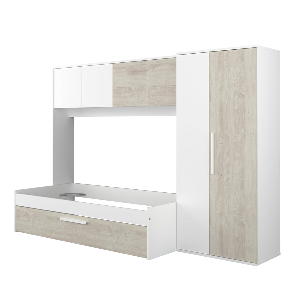 Brückenbett mit Ausziehbett und Kleiderschrank in Used-Weiß und Weiß