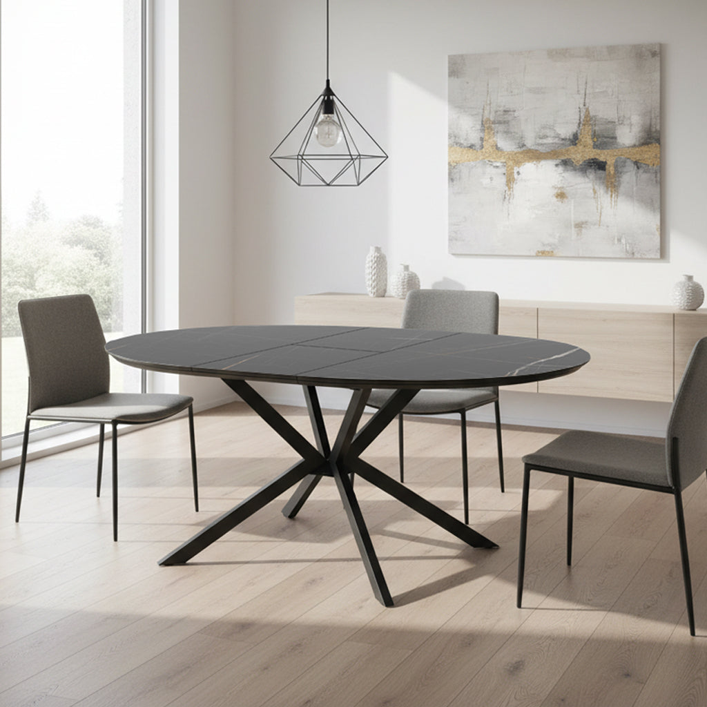 Tavolo rotondo allungabile piano effetto marmo nero con dettagli oro lucido 126x126x76H Dobok