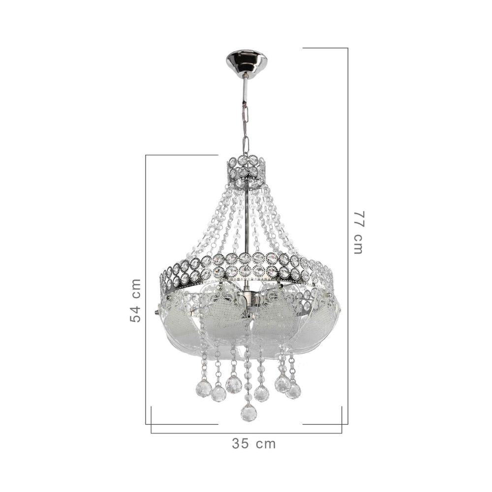 Plafonnier 70 cm en métal et verre décoré couleur argent et pierres effet cristal