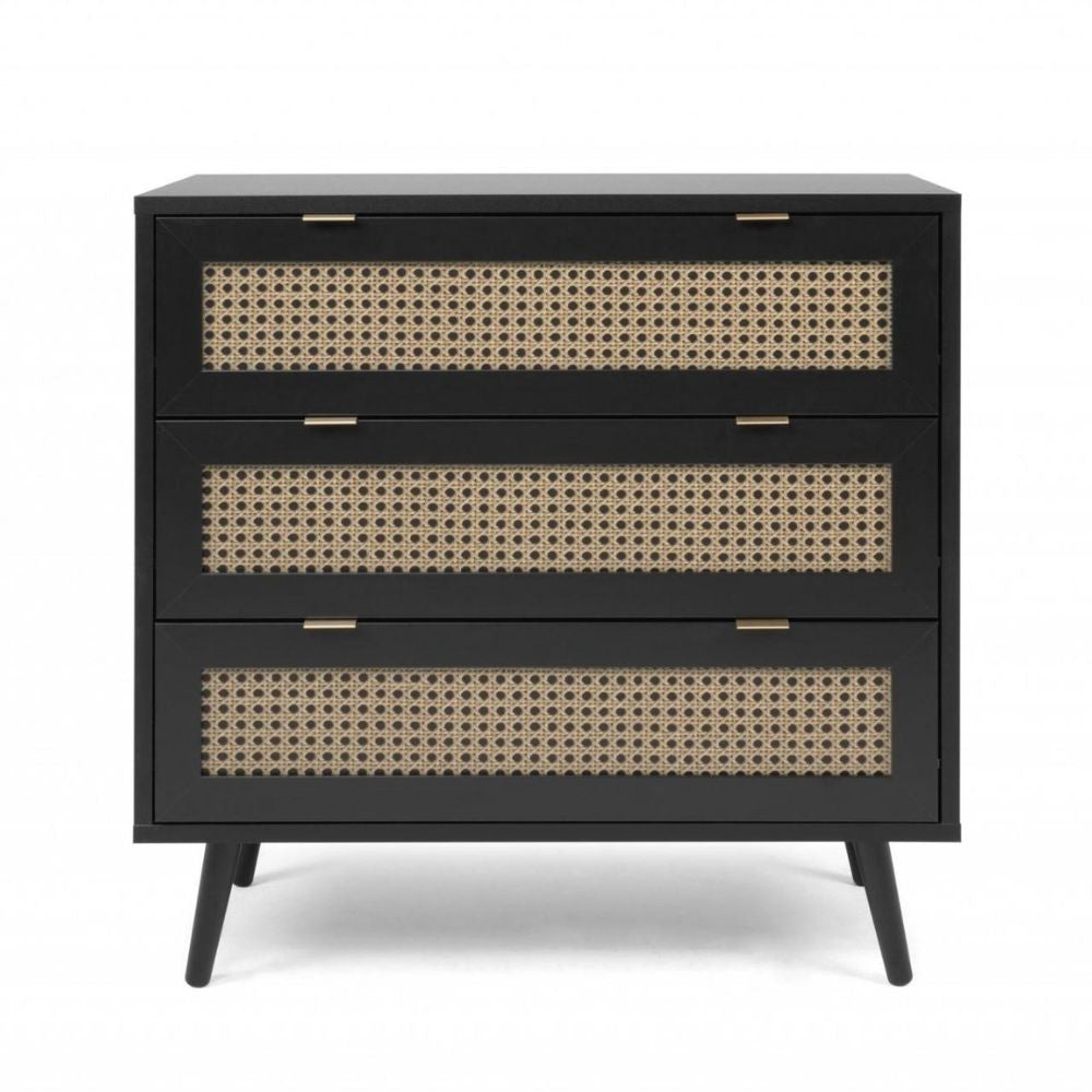 Cassettiera 80x80h cm con 3 cassetti colore nera con frontali vimini - Vienna03A