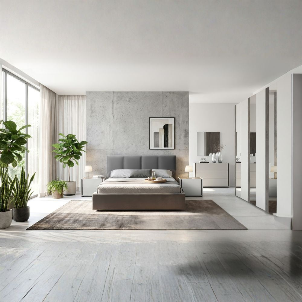 Camera da letto completa con armadio a specchi olore grigio perla e ossido grigio - Mirya