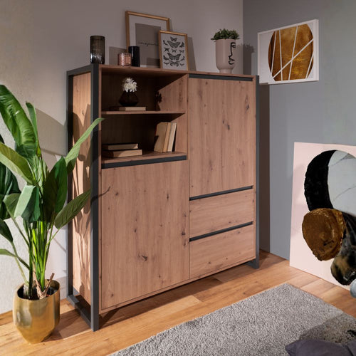 Sideboard 120x140h cm mit Türen und Schubladen, Eiche und Anthrazit - Denver 51