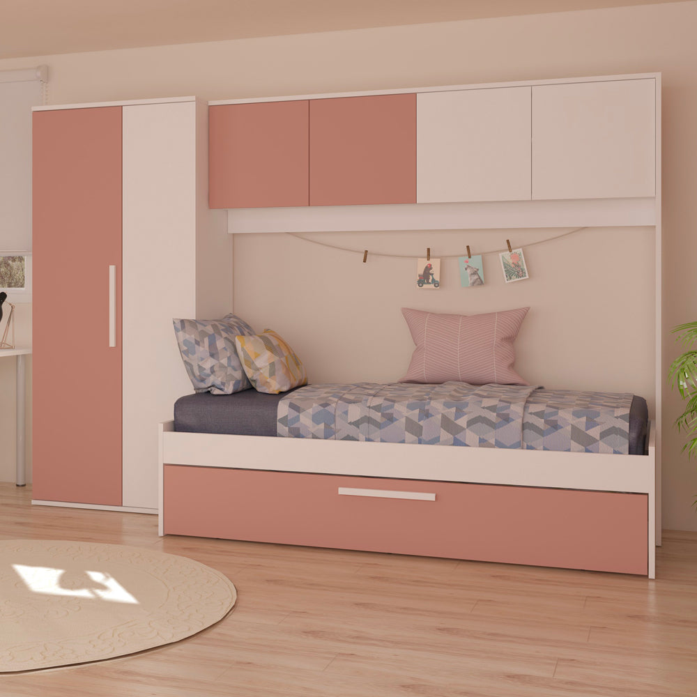 Brückenbett mit Ausziehbett in Weiß und Altrosa - Pinky