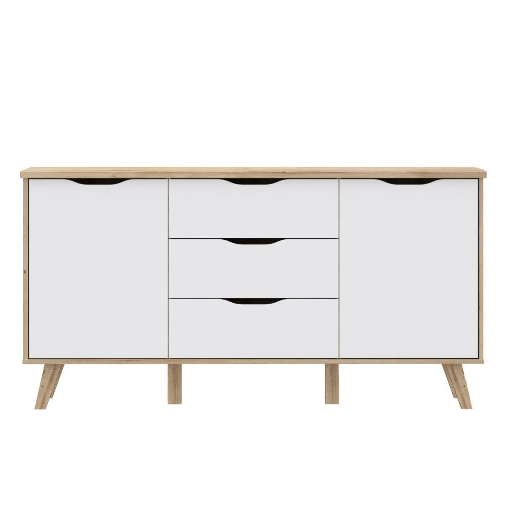 VNKK231-L25 SIDEBOARD AXIS EICHENSTRUKTUR MIT WEISSEN FRONTEN ZWEI TÜREN UND DREI SCHUBLADEN