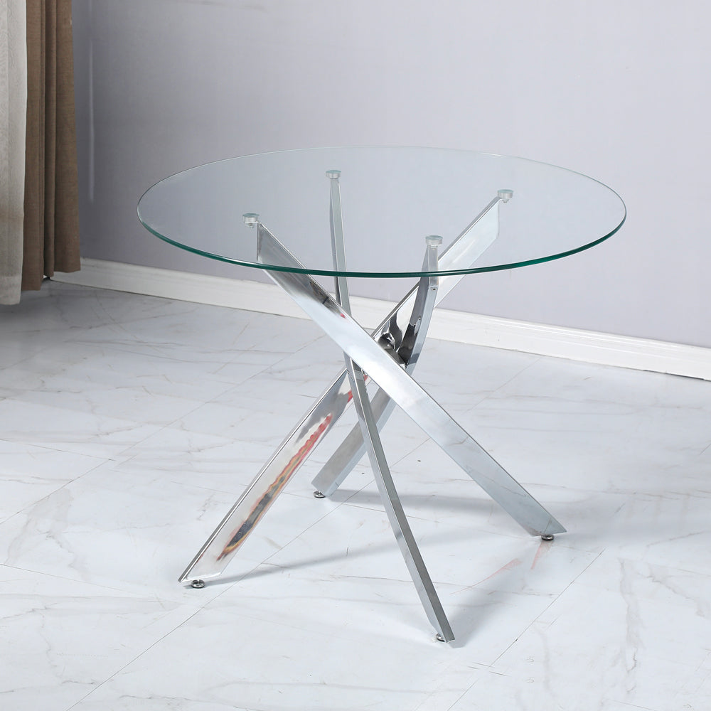 Tavolo rotondo 130x130 cm in vetro temperato con gambe incrociate cromate Peyton