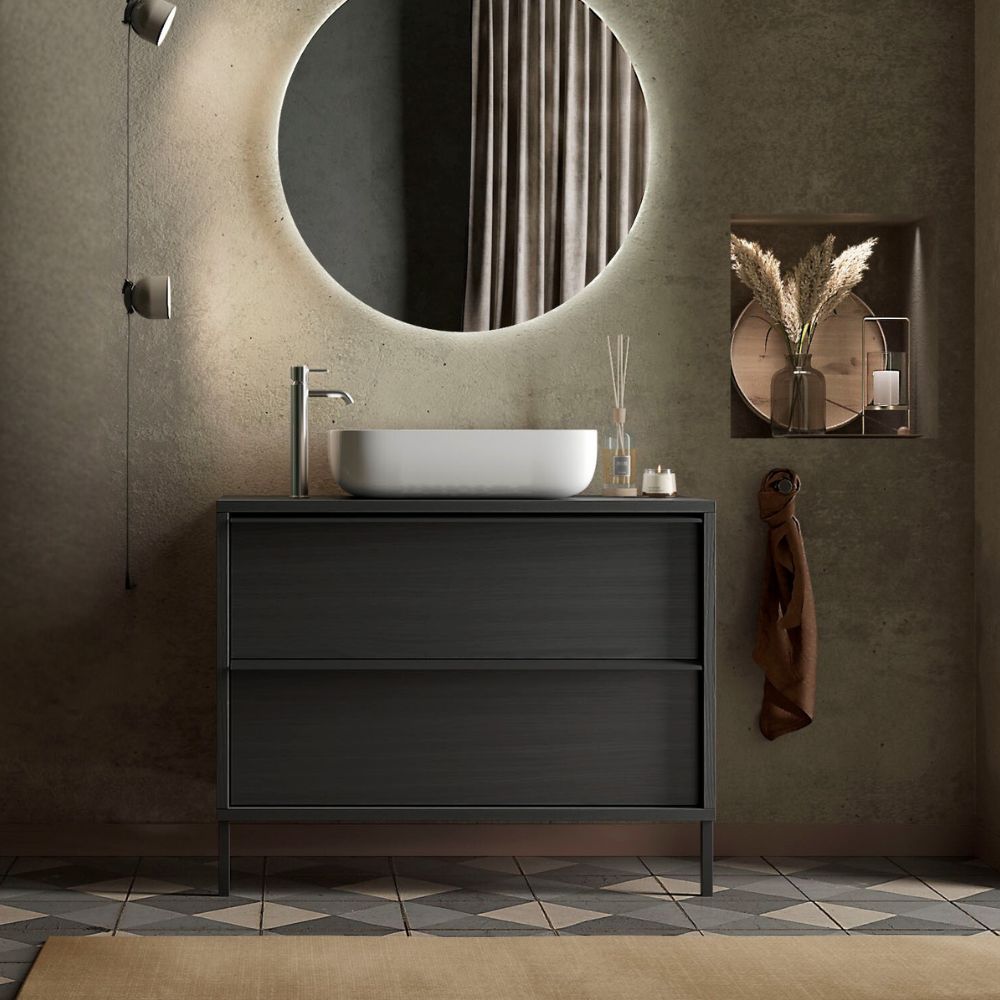 Mobile bagno nero frassinato con cassetti e lavabo appoggio incluso 79x78H cm - Nesto