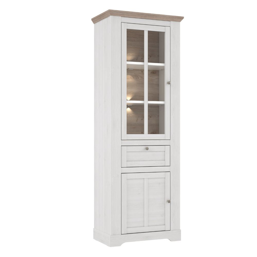 Vetrina 2 ante in vetro, 1 cassetto e luci LED rovere bianco neve e olmo scuro Forma