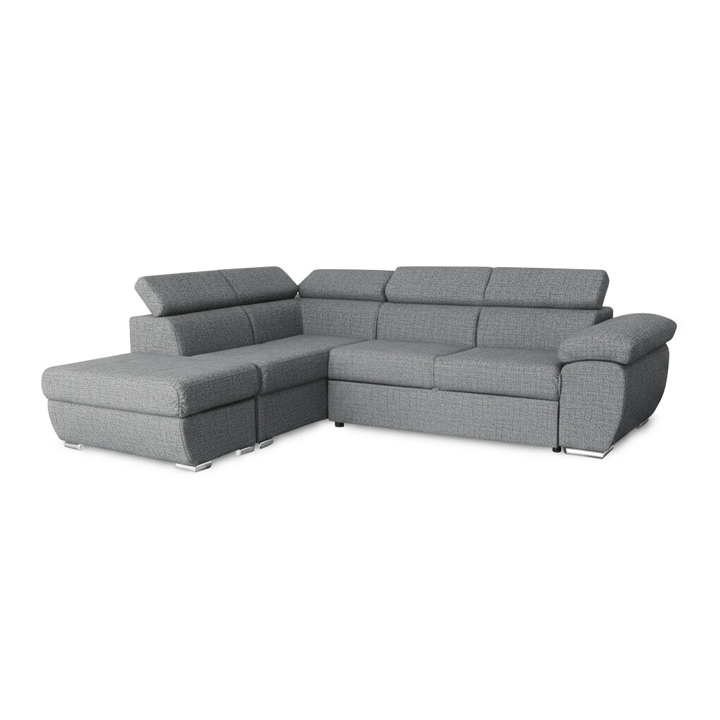 Divano letto angolare con penisola sinistra e pouf contenitore grigio Fiona