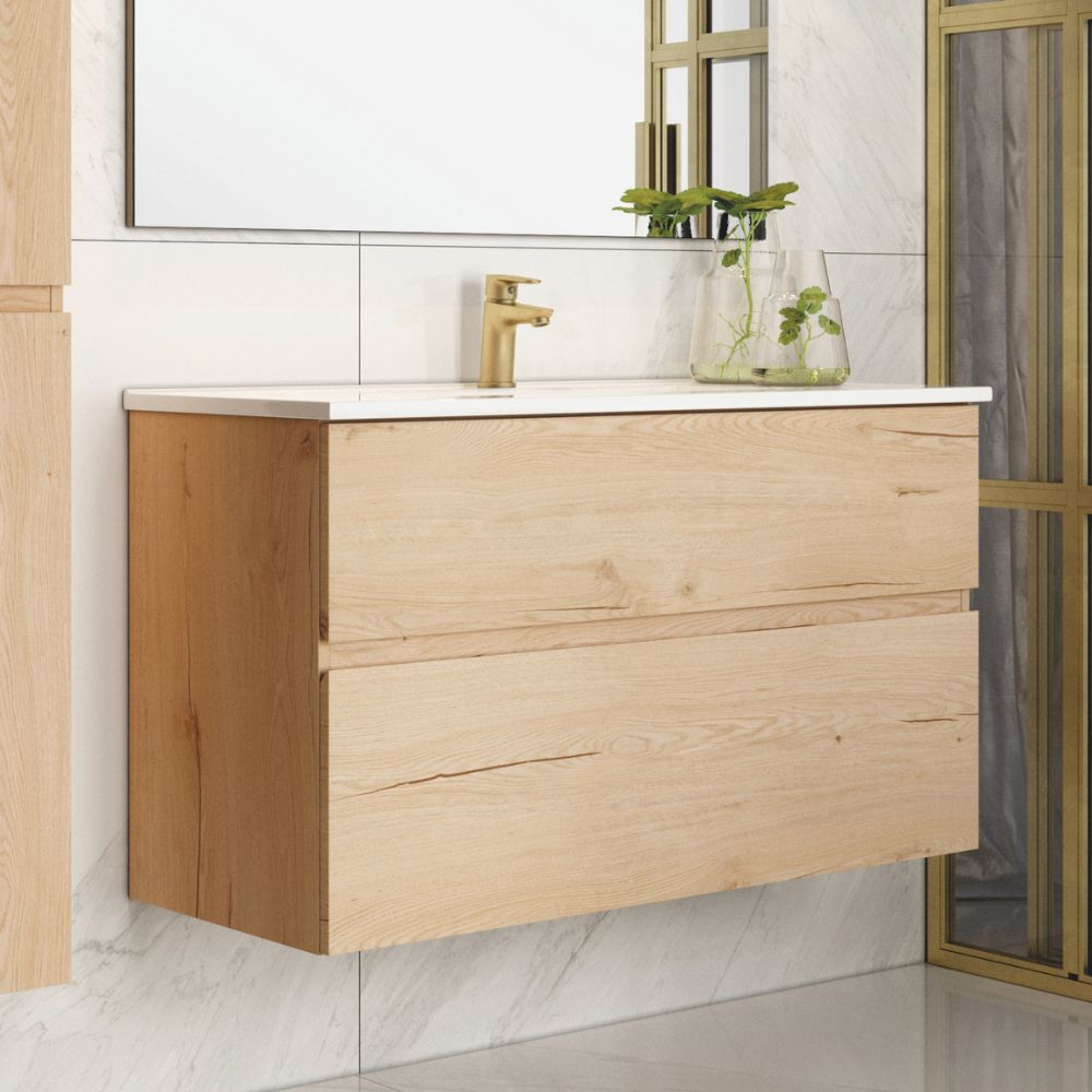 Mobile da bagno sospeso 100 cm con 2 cassetti e lavabo incluso colore rovere - Mances