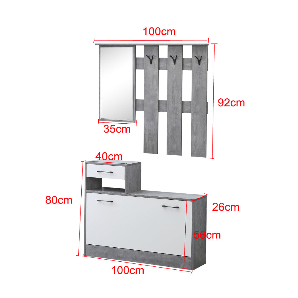 Mobile ingresso Rudolf XL con specchio e scarpiera colore cemento e bianco con maniglie nere