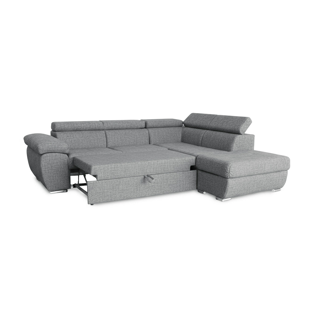 Divano letto angolare con penisola destra e pouf contenitore grigio Fiona