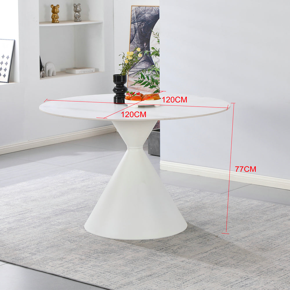 Tavolo rotondo Ø120 cm in ceramica effetto marmo bianco con base conica in metallo Taini