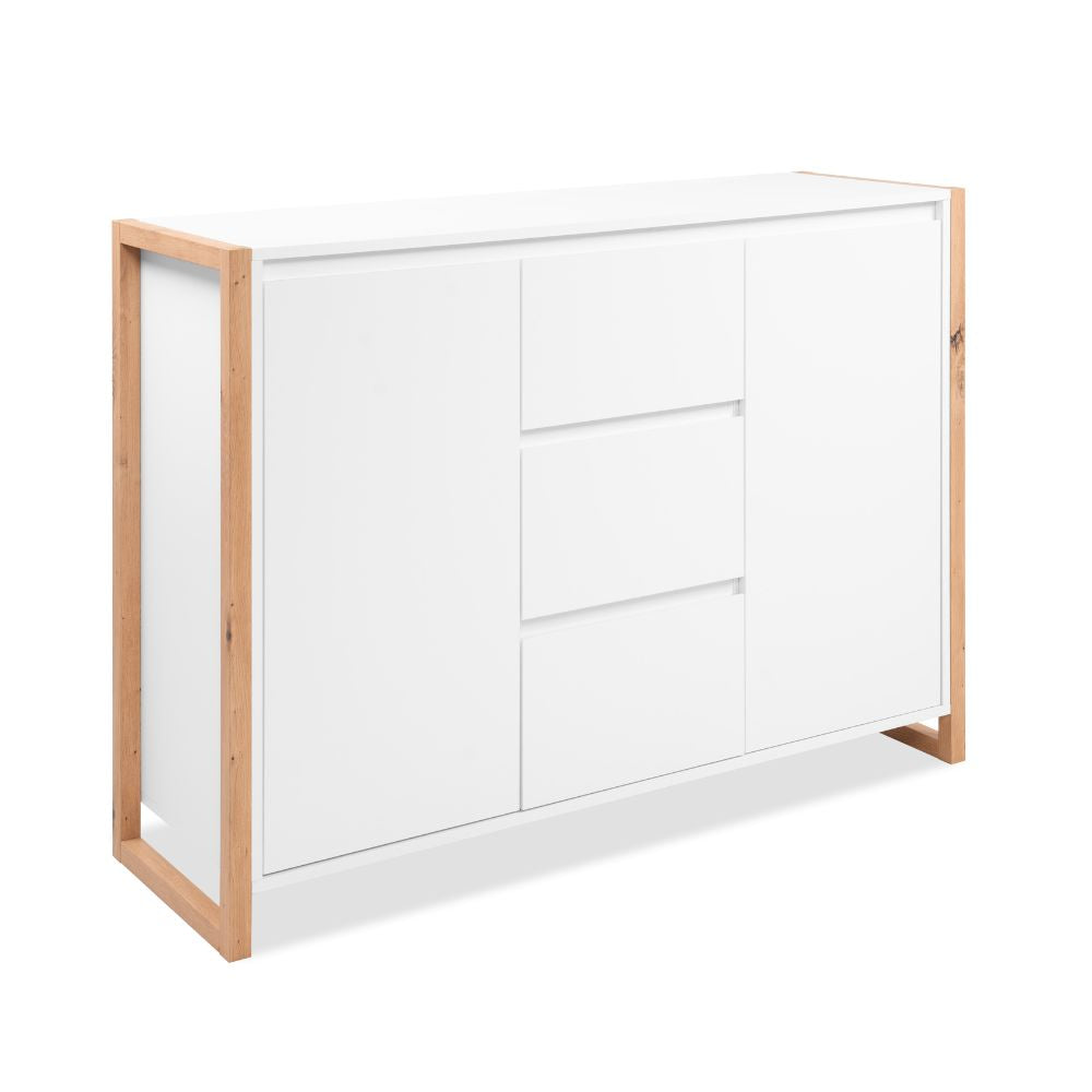 Credenza con 3 cassetti e 2 ante bianco e rovere 120x40x88H New Denver2