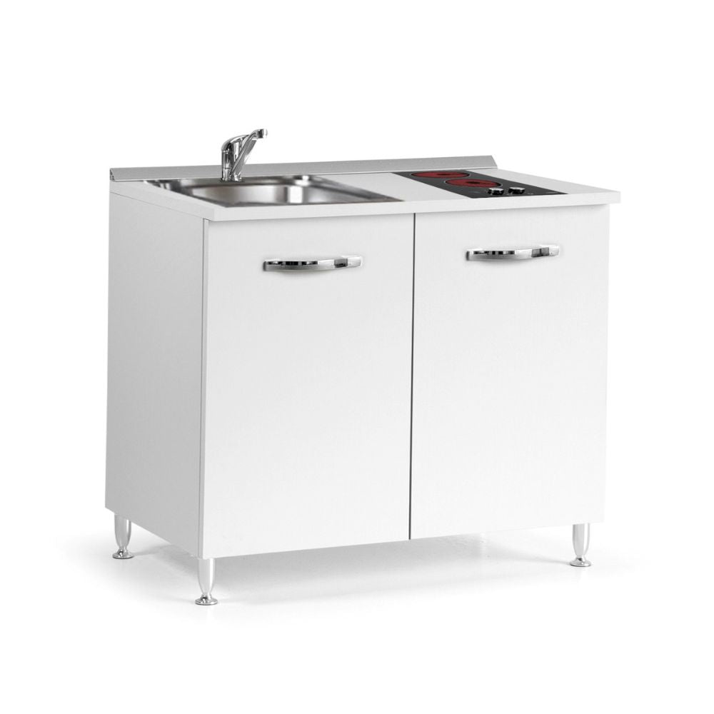 Minicuisine avec évier et plaque de cuisson vitrocéramique 2 portes coloris blanc mélaminé 80x60x85H cm - Miniki