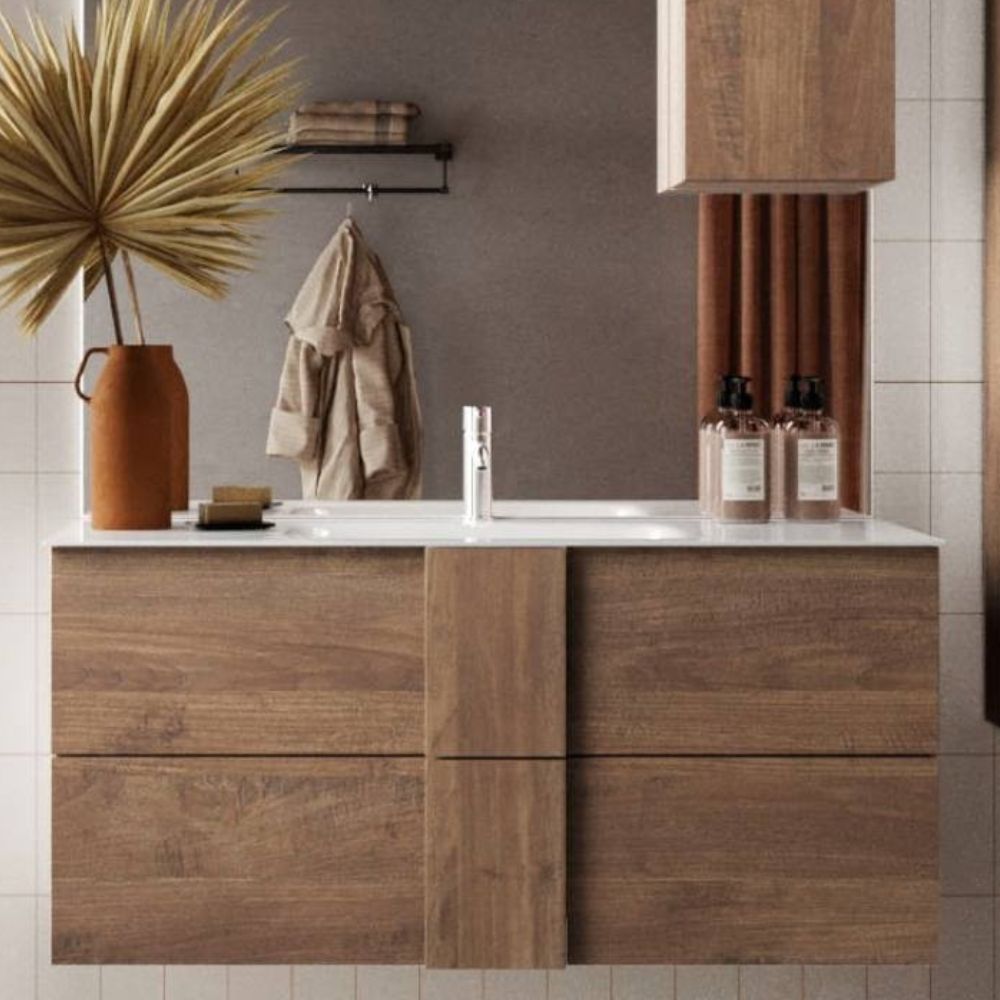 Hängender Badezimmerschrank Eichenfarbe mit Schubladen und Keramikwaschbecken 80x51H cm - Batlox