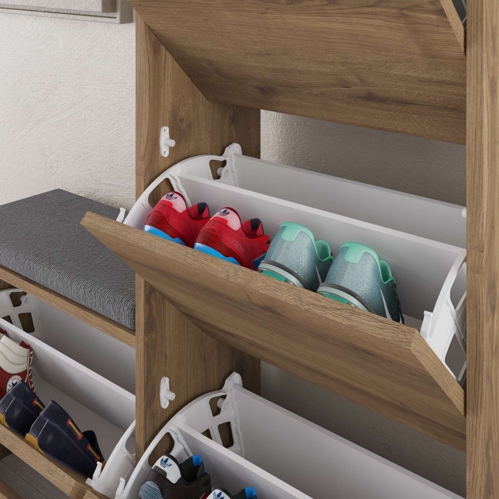 Banc à chaussures avec 4 portes abattantes, couleur noyer, 105x26x118,5H Dude