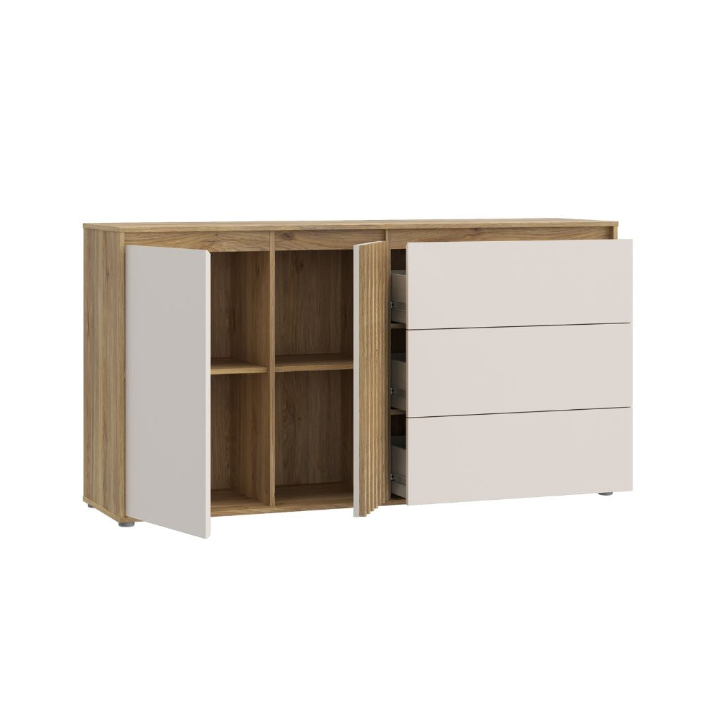 Madia con 3 cassetti e anta cannettata colore rovere e cashmere Neutra