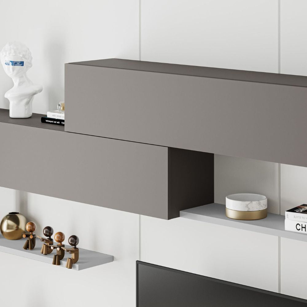 TV-Wohnwand mit Türen und Einlegeböden in Weiß und Light Mocha 260 cm - Mokat