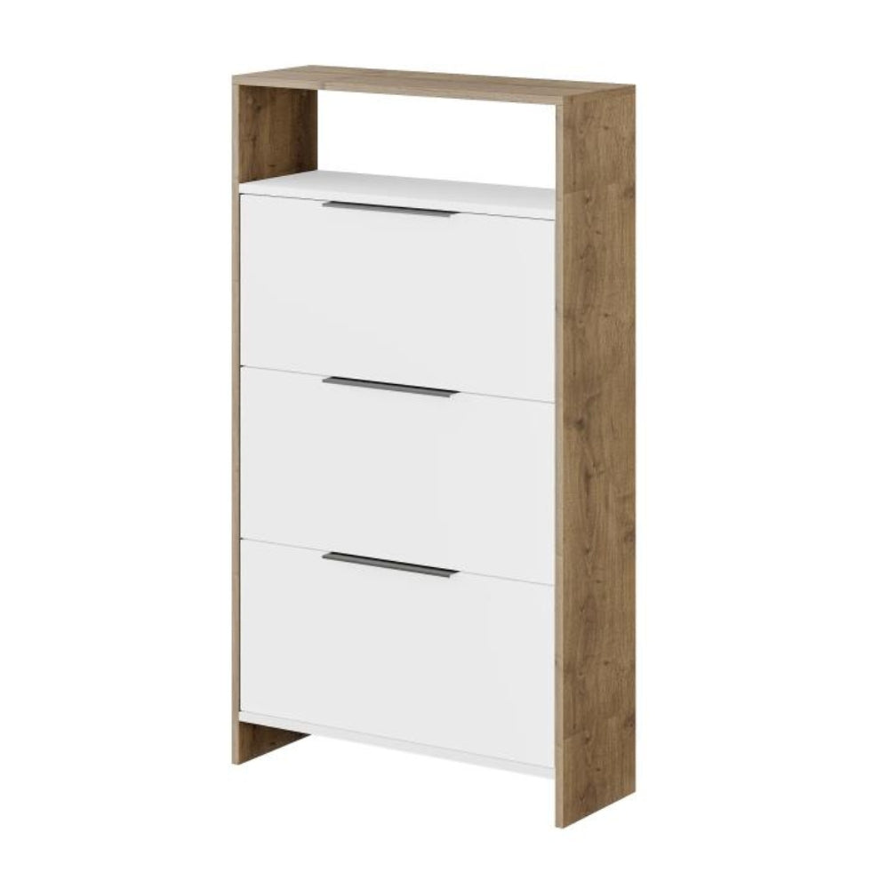 Schuhschrank 78x139,2h cm mit 3 Klapptüren in Weiß und Korpus in Nussbaum - Kaju