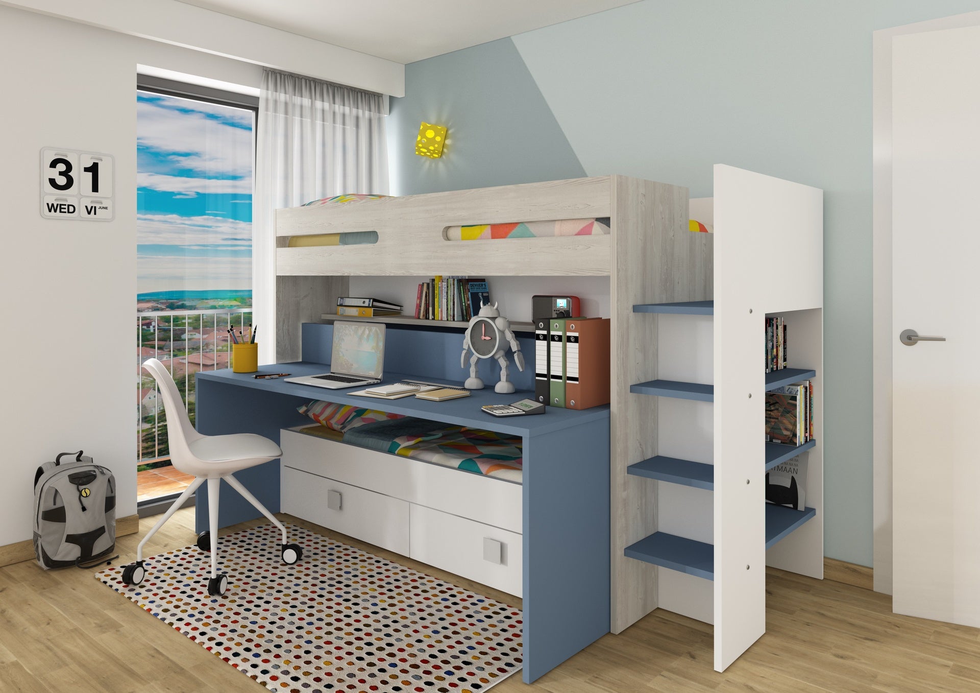Etagenbett Formy für Kinder, weiß-hellblau mit Schreibtisch und Ausziehbett