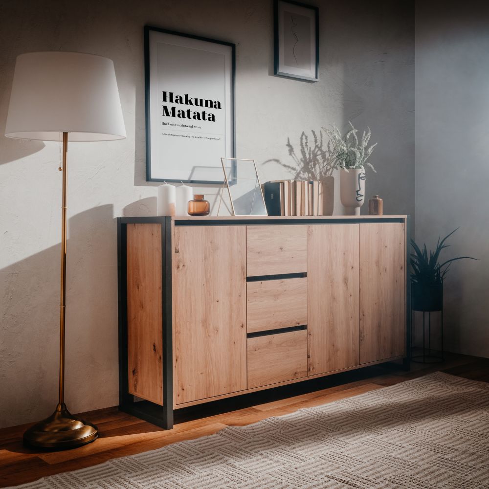 Buffet 160 cm avec portes et tiroirs couleur chêne et anthracite - Denver 3
