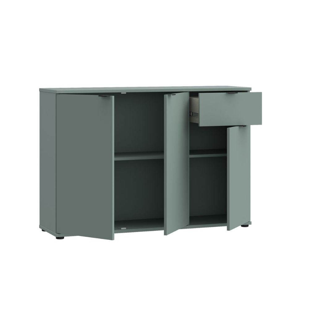 GNMK231L-U59 MEHRZWECK-ROLLCONTAINER SAGEGRÜN MIT DREI TÜREN + 1 SCHUBLADE B120CM
