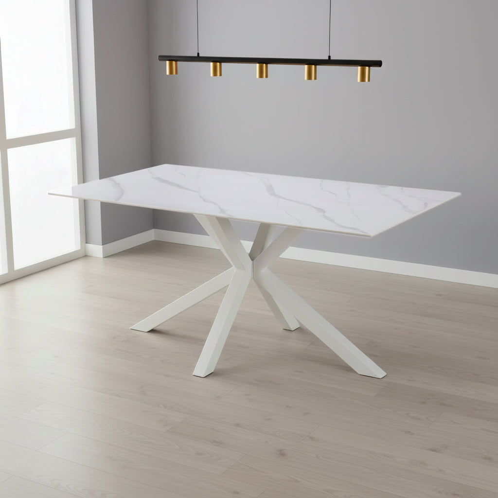Tavolo da pranzo 160×90 cm in ceramica effetto marmo bianco con gambe bianche Hunter
