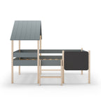Letto singolo rialzato a forma di casetta in legno massiccio colore verde cachi e pino - Minty