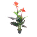 Pianta artificiale Canna Lily foglie verdi con fiori arancio e vaso 115 cm
