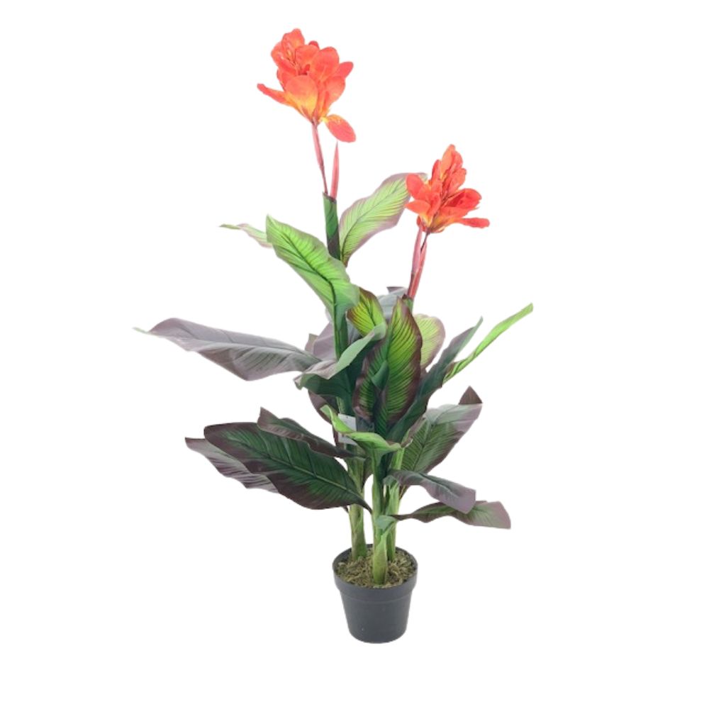 Pianta artificiale Canna Lily foglie verdi con fiori arancio e vaso 115 cm