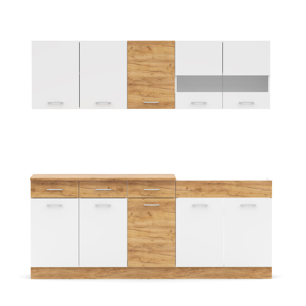 Cucina monoblocco 200 cm con lavello e pensili colore bianco e rovere Erika