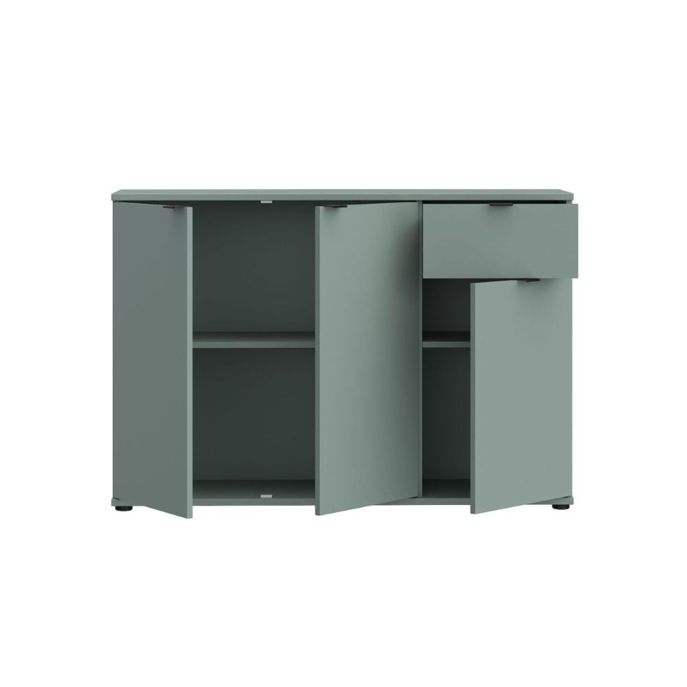 GNMK231L-U59 MEHRZWECK-ROLLCONTAINER SAGEGRÜN MIT DREI TÜREN + 1 SCHUBLADE B120CM