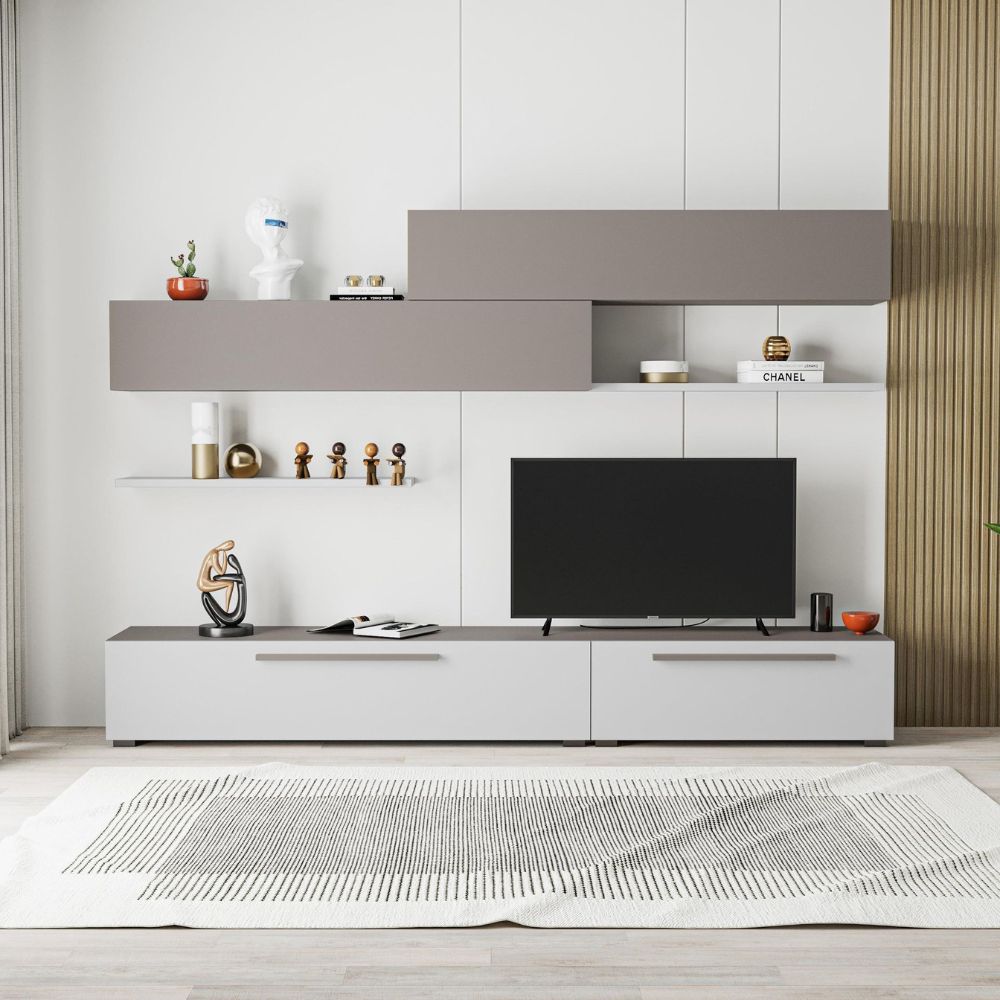 TV-Wohnwand mit Türen und Einlegeböden in Weiß und Light Mocha 260 cm - Mokat