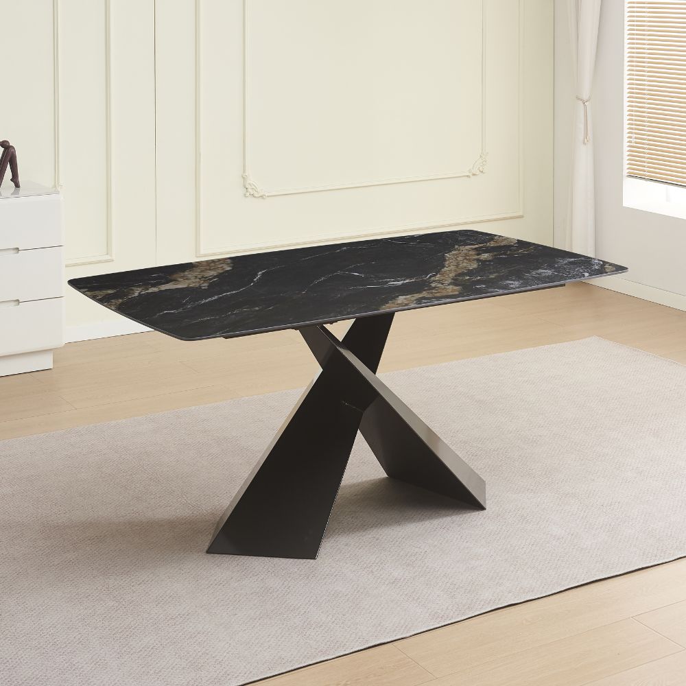 Tavolo piano ceramica effetto marmo nero e gambe incrociate 160x90x76H Jarvis