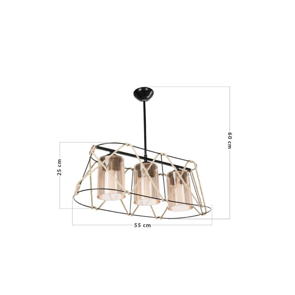 Lampada a sospensione 60 cm con 3 luci in metallo nero e corda