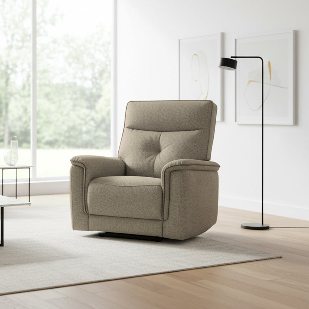Poltrona relax con recliner elettrico in tessuto sabbia Elysio